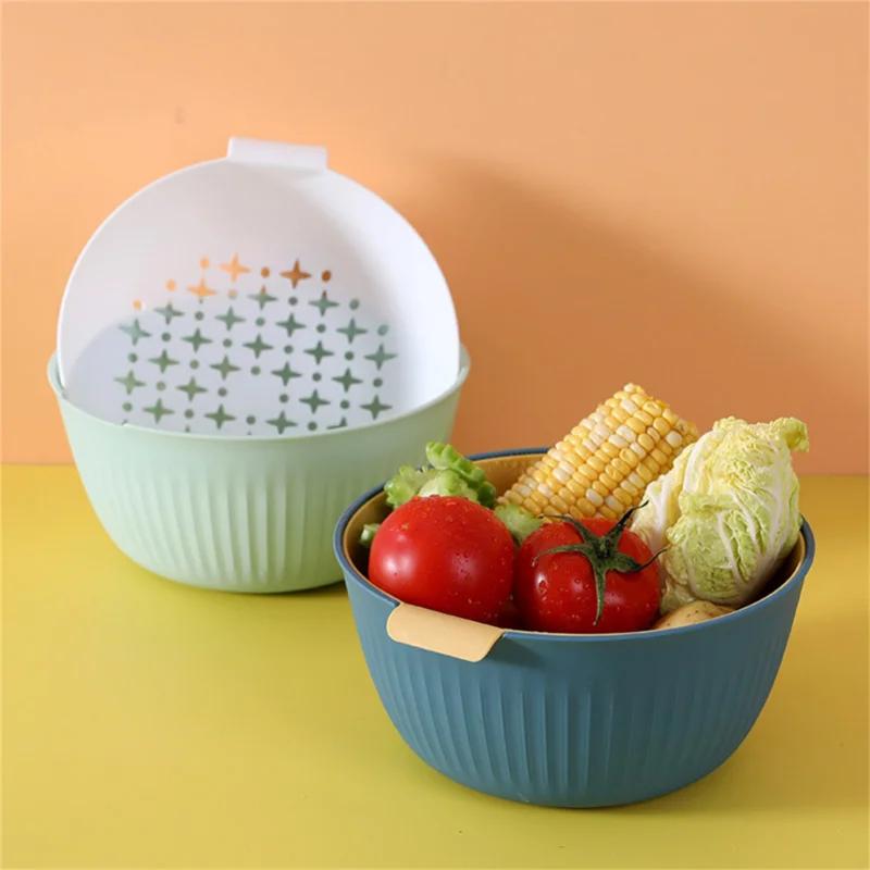 Kitchen Silicone Double Drain Basket Bowl Washing Storage Basket Strainers Bowls Drainer Vegetable Cleaning Colander Tool