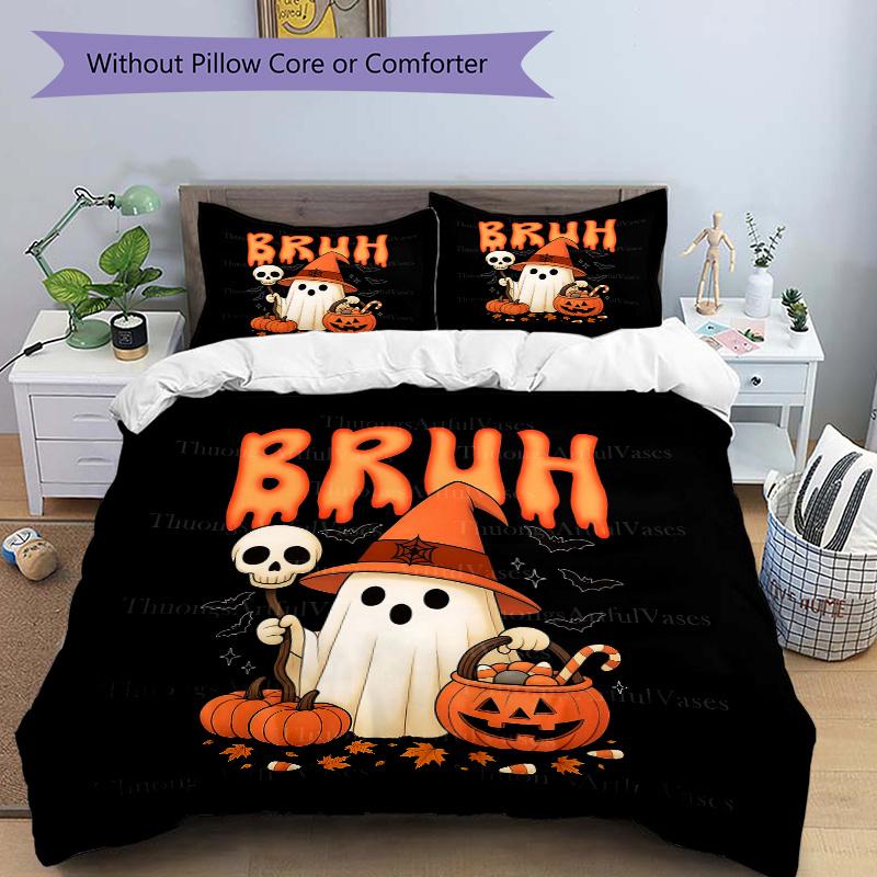 

3pcs Cute Bruh Ghost Boo Pumpkin Bedding Set - Includes Quilt Cover and Pillowcases, Suitable for All Seasons N026 135x200cm