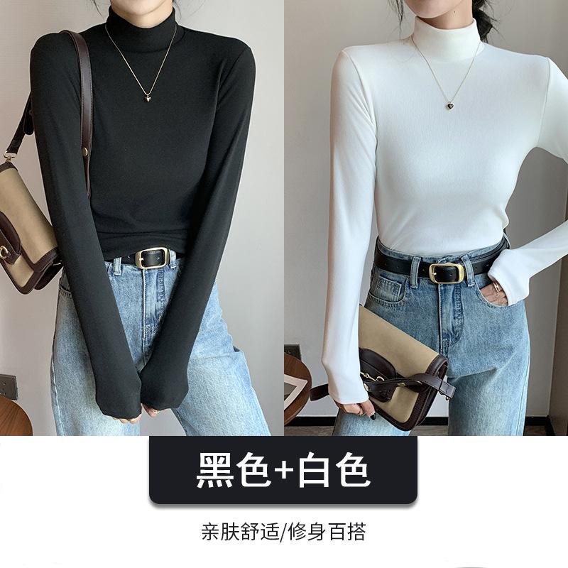 Combination Semi-turtleneck Double-sided German Velvet Bottoming Shirt for Women's Autumn and Winter with Solid-color Warm Long-sleeved Top