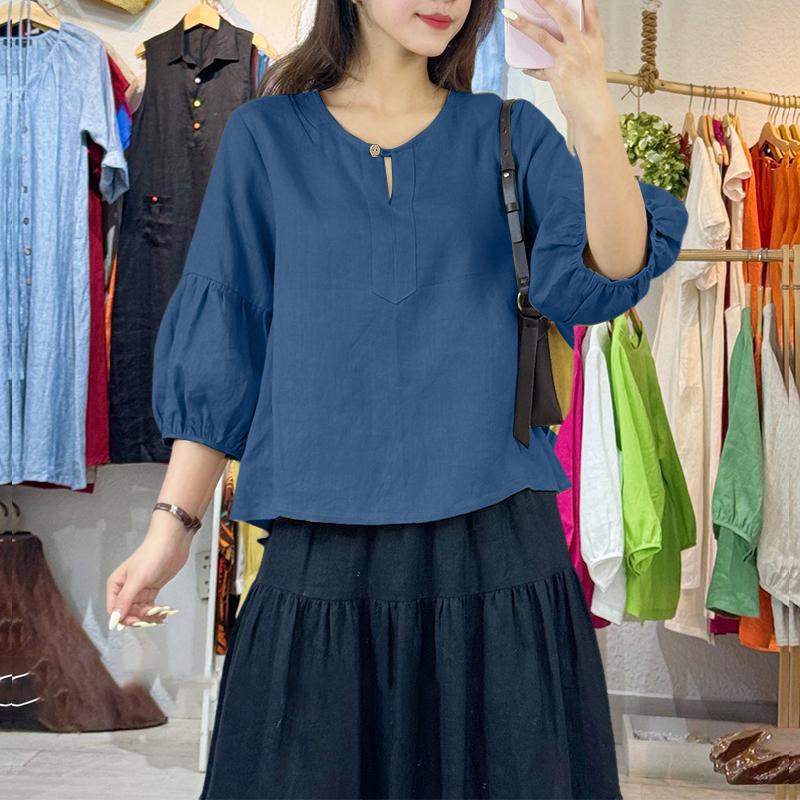 ZANZEA Women Casual Round Neck Solid Color 3/4 Sleeve Blouse