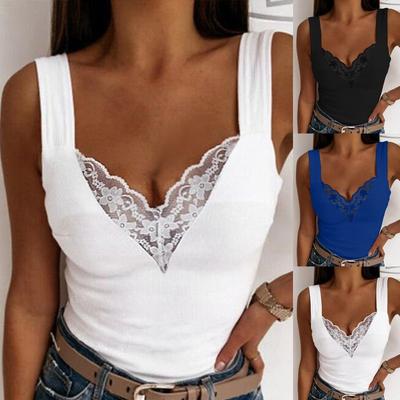Women Fashion Sleeveeless Tops Casual Solid Color Lace Print Tank Tops Sexy Deep V Neck Slim Tops