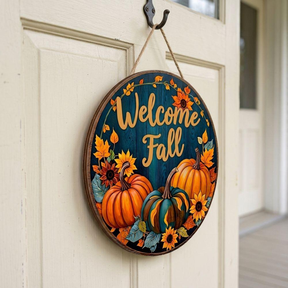 Rustic Pumpkin Sunflower Door Hanger Vintage Style Fall Plaque Wall Decor Home Garden Decor