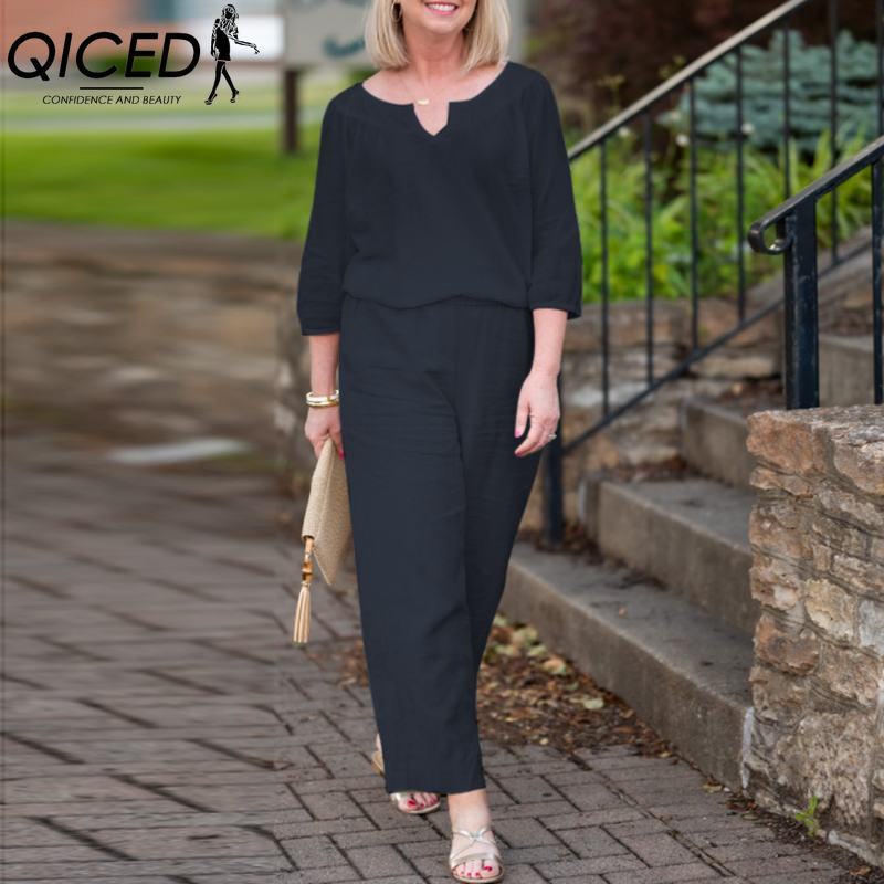 

QICED Плюс размер Женский повседневный комплект из хлопка с пуговицами, средним рукавом и карманом, однотонный топ и брюки с V-образным вырезом XXXXXL темно-синий