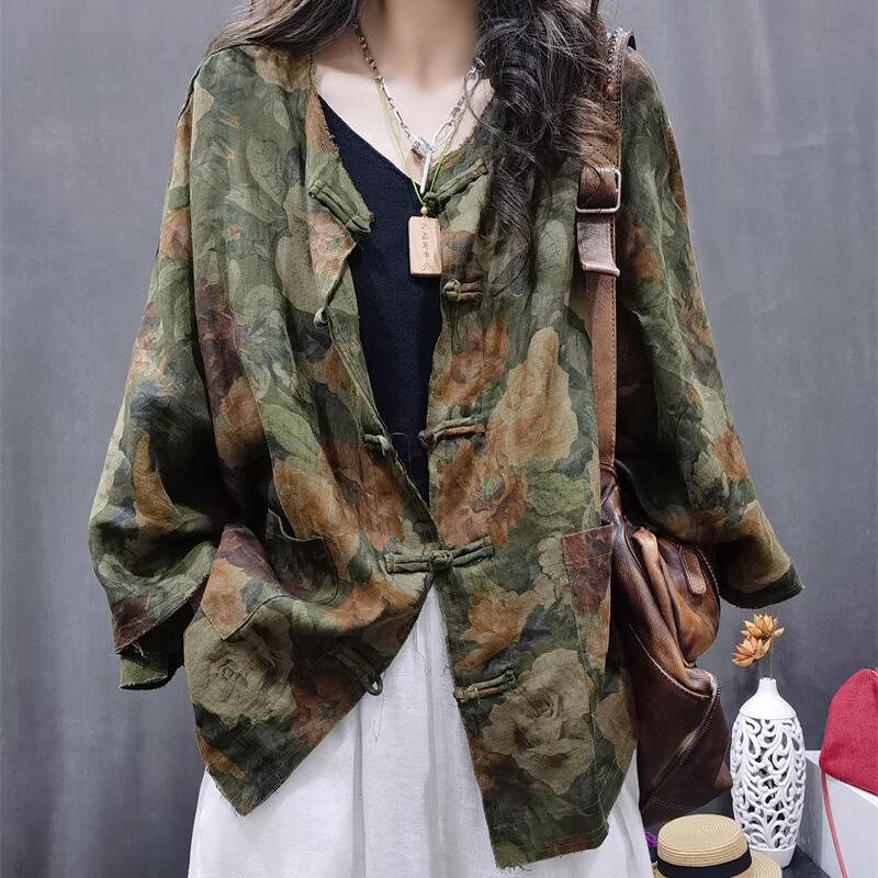 Women s Retro Ethnic Style Cotton-Linen Jacket - 2026 Spring Collection, Distressed Print, Chic & Versatile. Large