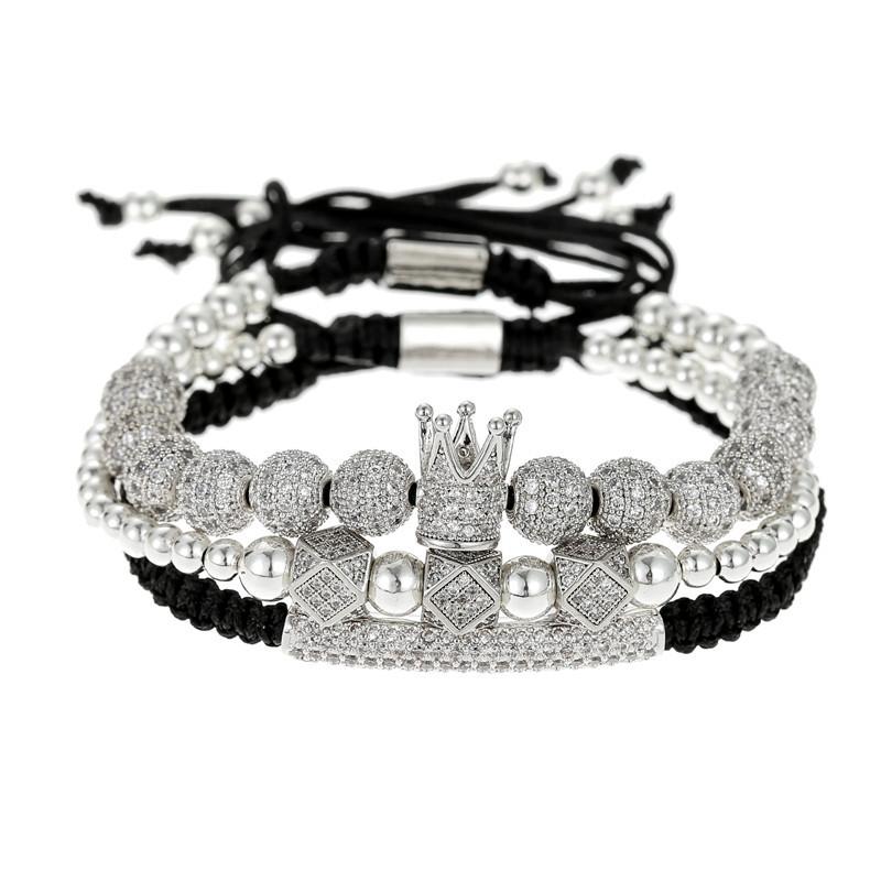 European and American Jewelry Copper Bead Braided Copper Inlaid Zirconium Diamond Ball Crown Elbow Rhombus Geometric Three-piece Bracelet Men
