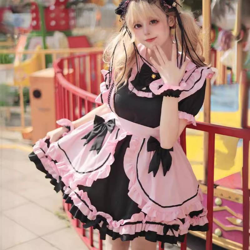 Costume da Maid Lolita Giapponese con Orecchie da Gatto per Cosplay Anime e Outfit da Ragazza Dolce
