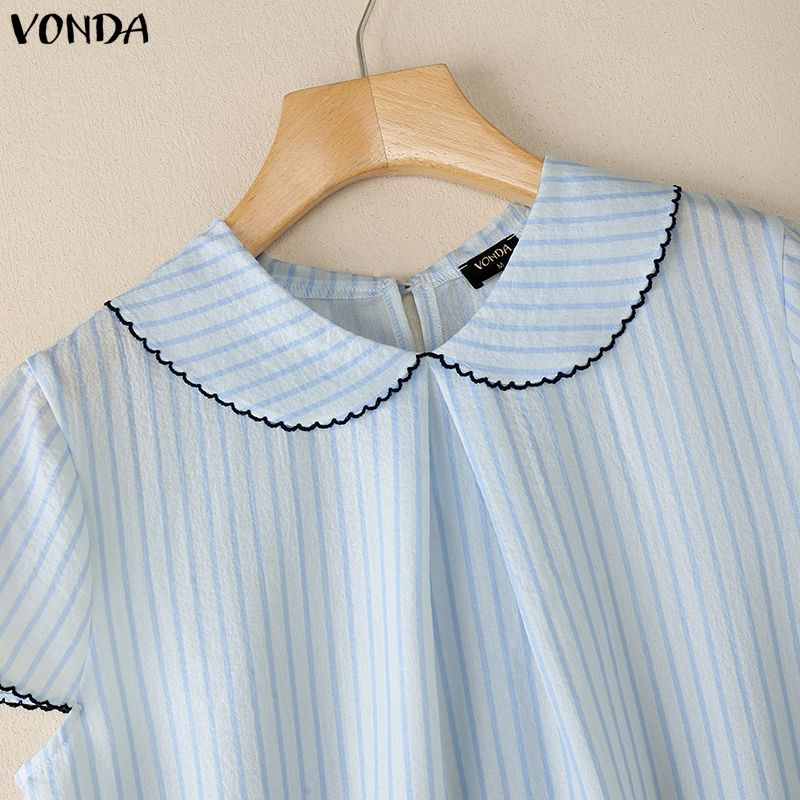 VONDA Summer Women Striped Print Casual Short Sleeve Blouse T-shirts