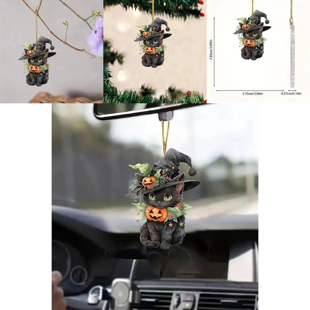 Halloween Cat Pumpkin Car Rearview Mirror Decoration With Acrylic Material For Festive Auto Interior