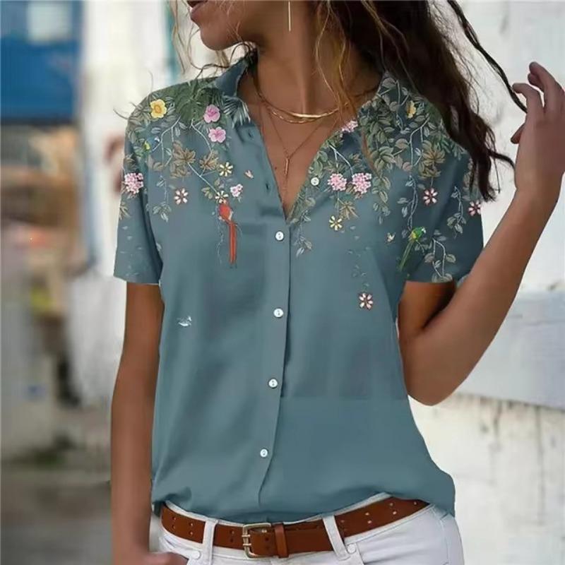 Women Floral 3d Printed Short Sleeve Turn Down Collar Casual Shirt