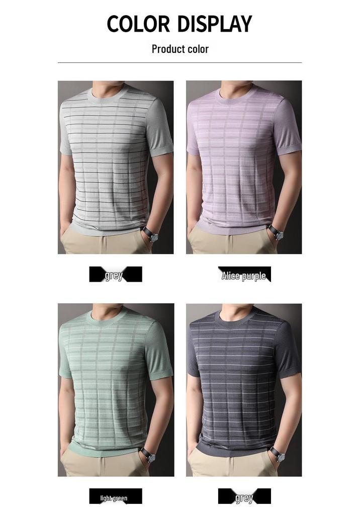 Men's Striped Round Neck Tencel Cotton Silk Short Sleeve T-shirt