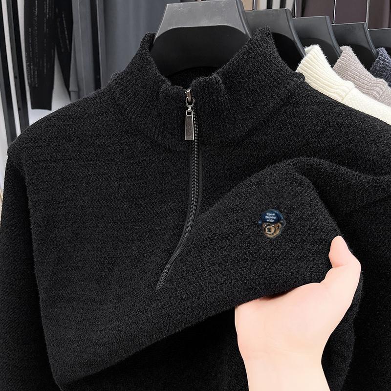 Men's Half Zip Pullover Knitwear Winter Bear Print Velvet Thickened Warm Fashion Business Men'sWear