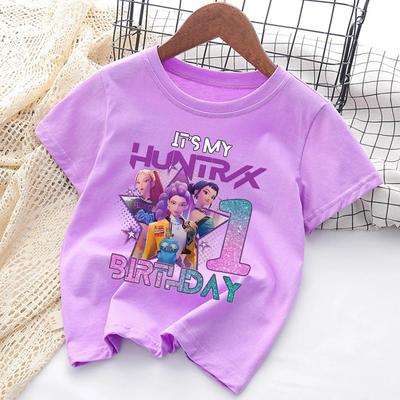 KPop Demon Hunters T-shirt for Children Birthday Figure Tee Top Girls Boy Purple Clothes Cartoon Short Sleeve Kids Clothing Gift