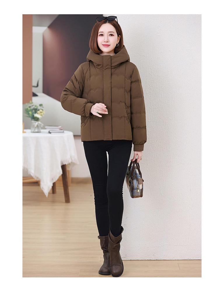 Damska 2024 Zimowa Krótka Kurtka Puchowa z Kapturem - Petite, Pogrubiona, Ciepła Kurtka z Puchu Białej Kaczki dla Matek w Średnim Wieku