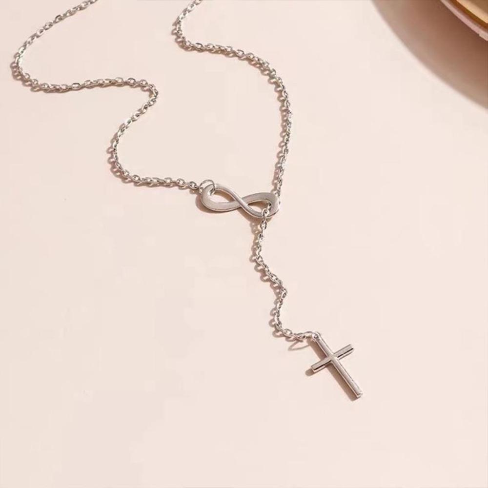 Trendy Minimalist Number 8 Tassel Cross Pendant Necklace for Women Fashion Layering Chain
