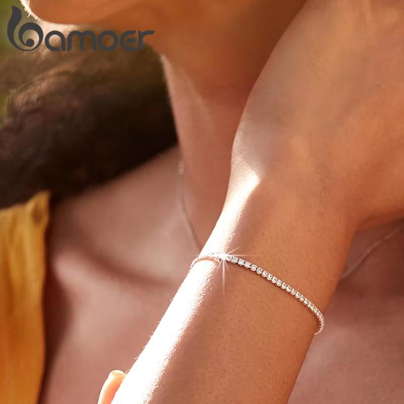 BAMOER Pulsera Clásica de Tenis Chapada en Oro de 18 Quilates con Circonita Cúbica para Mujer, Pulsera Ajustable con Deslizador de Plata 925, Joyería de Boda, Regalo