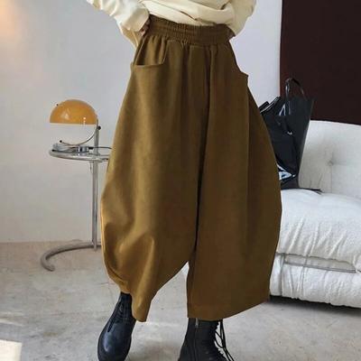 Vintage Loose Bloomers Womens Pants Spring Elegant Wide-legged Harem Pants With Pockets Autumn Office-lady Solid Trousers 30016