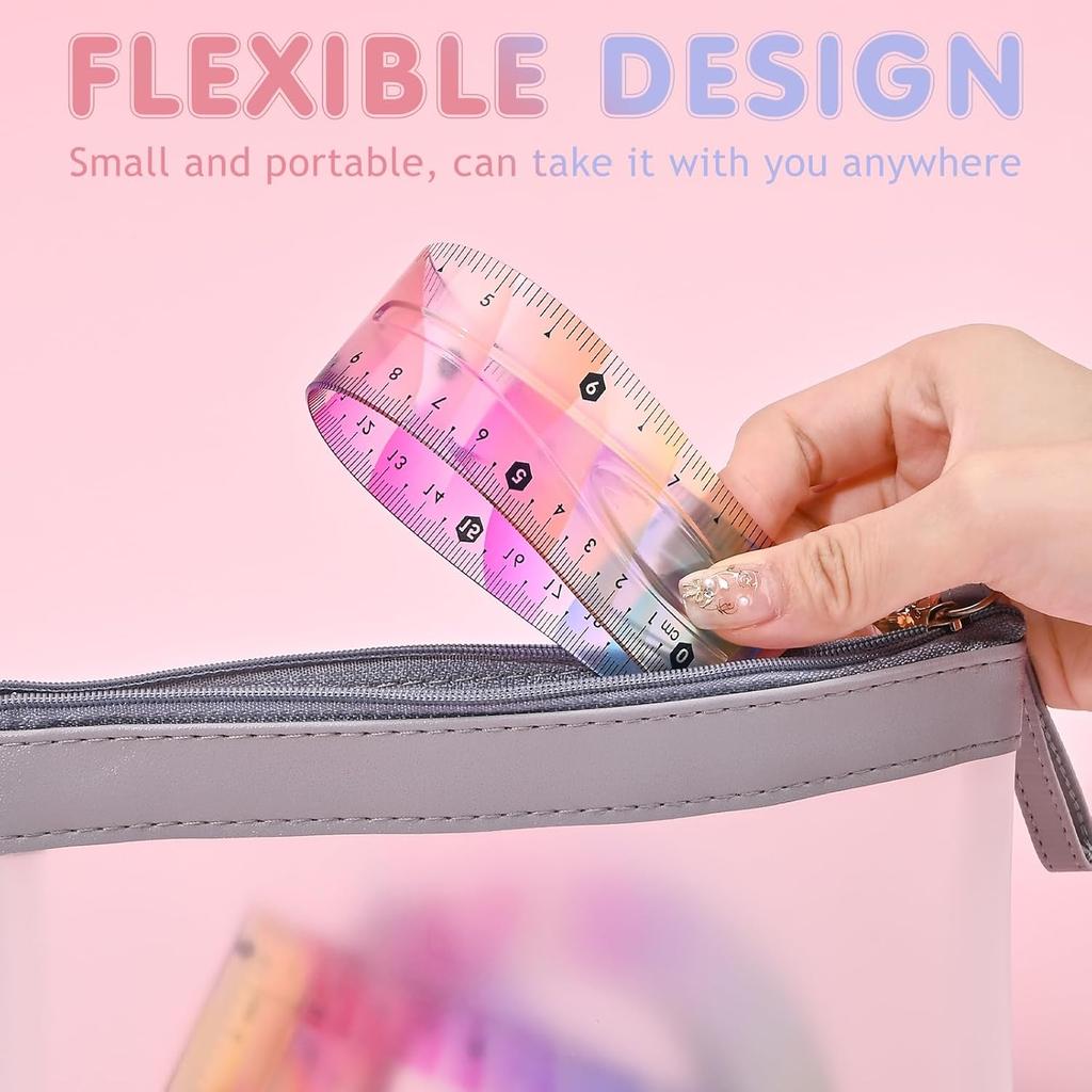 4 Pcs Flexible Rulers Set, Colorful Geometry Kit, Plastic Bendable Shatterproof Soft Rulers, Clear Ruler 20 cm/ 8 Inch, Triangle Rulers and