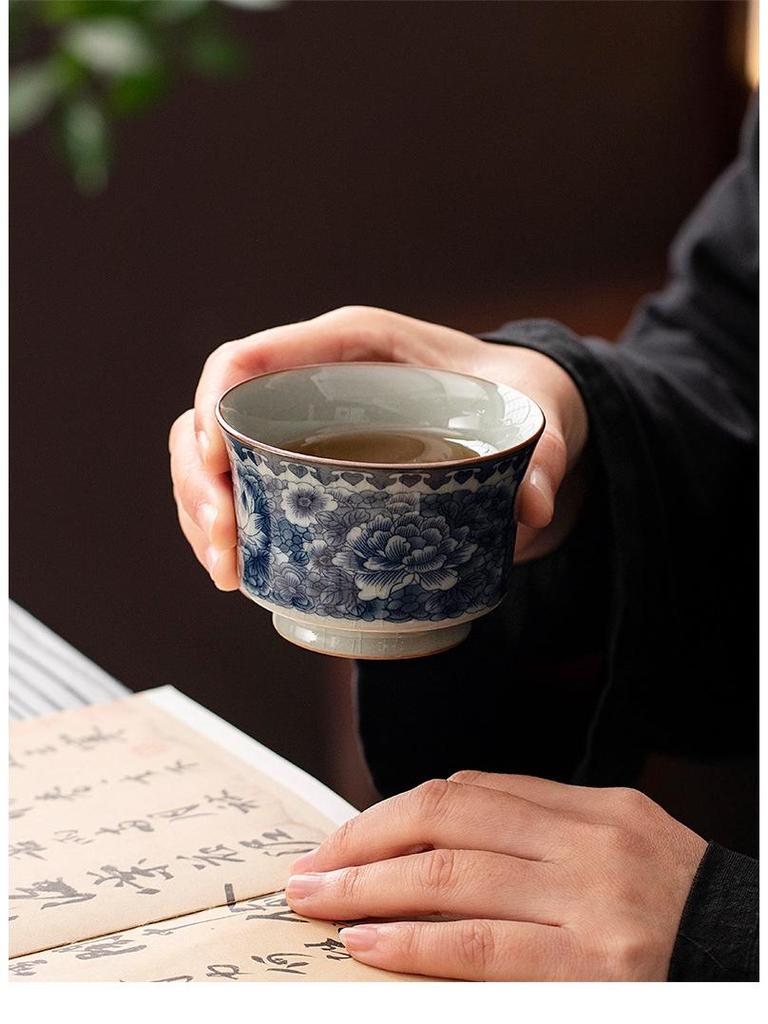 Antique Sancai Blue & White Gaiwan Kung Fu Tea Set: Cultivable Crackle Ceramic Tea Bowl & Large Cup