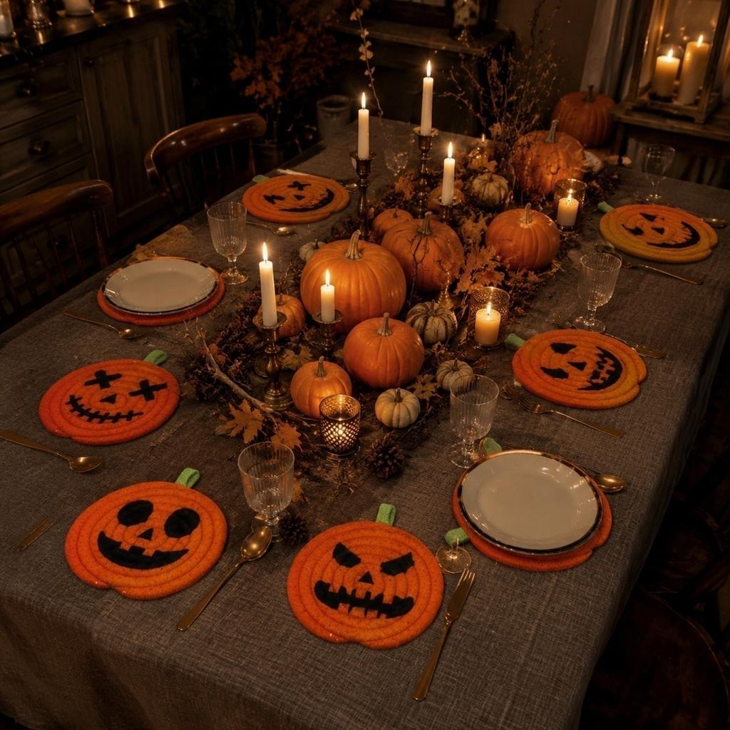 Set of 8 Halloween Pumpkin Coasters Cotton Rope Round Placemats with Various Face Designs Durable Table Protection Seasonal Decor
