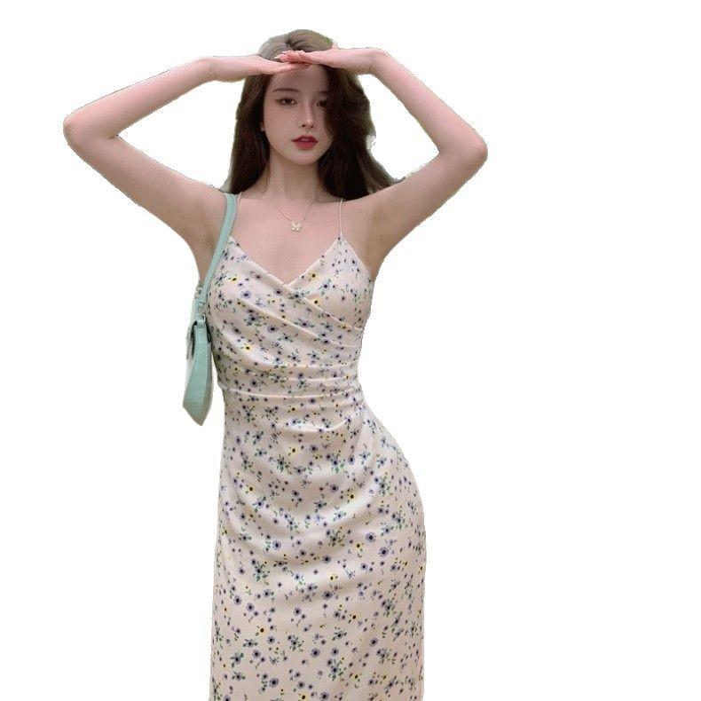 Sexy Spice Girl Blumen-Hosenträgerkleid Damen Sommer Neu Französischer Sanfter Stil Taillendesign Langes Kleid
