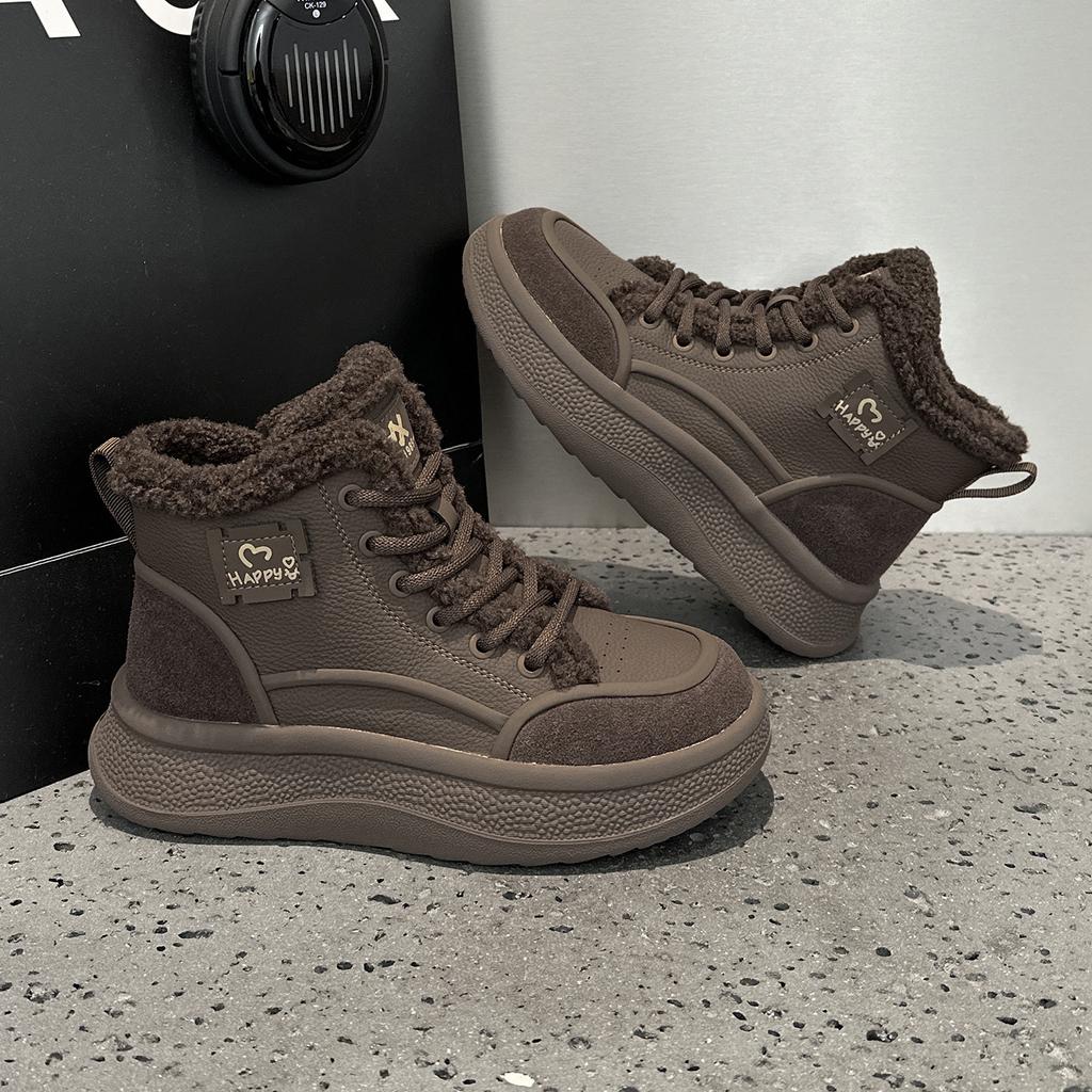 Leather retro fluffy high-top shoes women's new winter velvet women's shoes platform sports casual board shoes