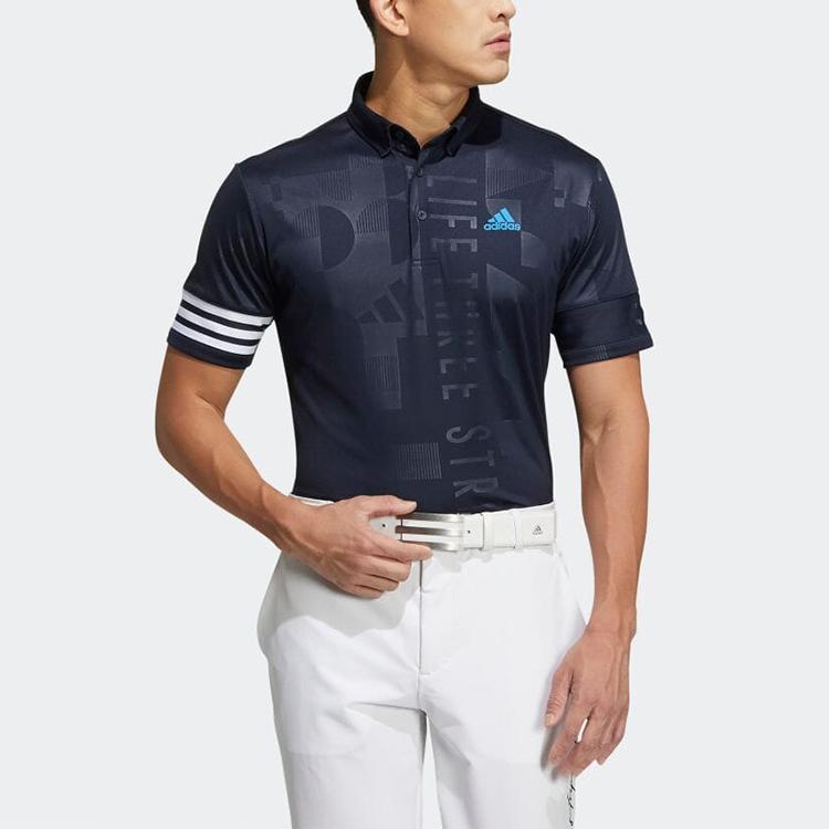 Adidas Striped Print Logo Short Sleeve Button Polo Men Tops Blue HA0227