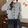 Women Sweater Coat Autumn Winter Design Color Block Heart Button Knit Cardigan Short Sleeve Top