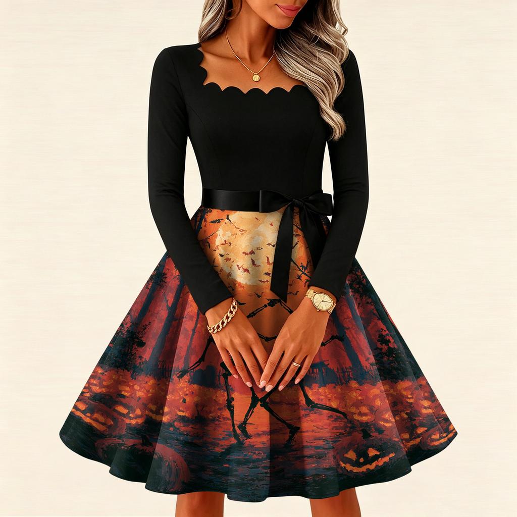 Women's Vintage Long Sleeve Square Neck Halloween Printed Party Dress for Evening Wear