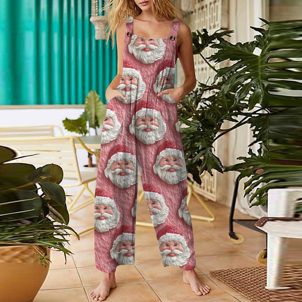 Women's Casual Jumpsuit Sleeveless Christmas Printed Cotton Jumpsuit