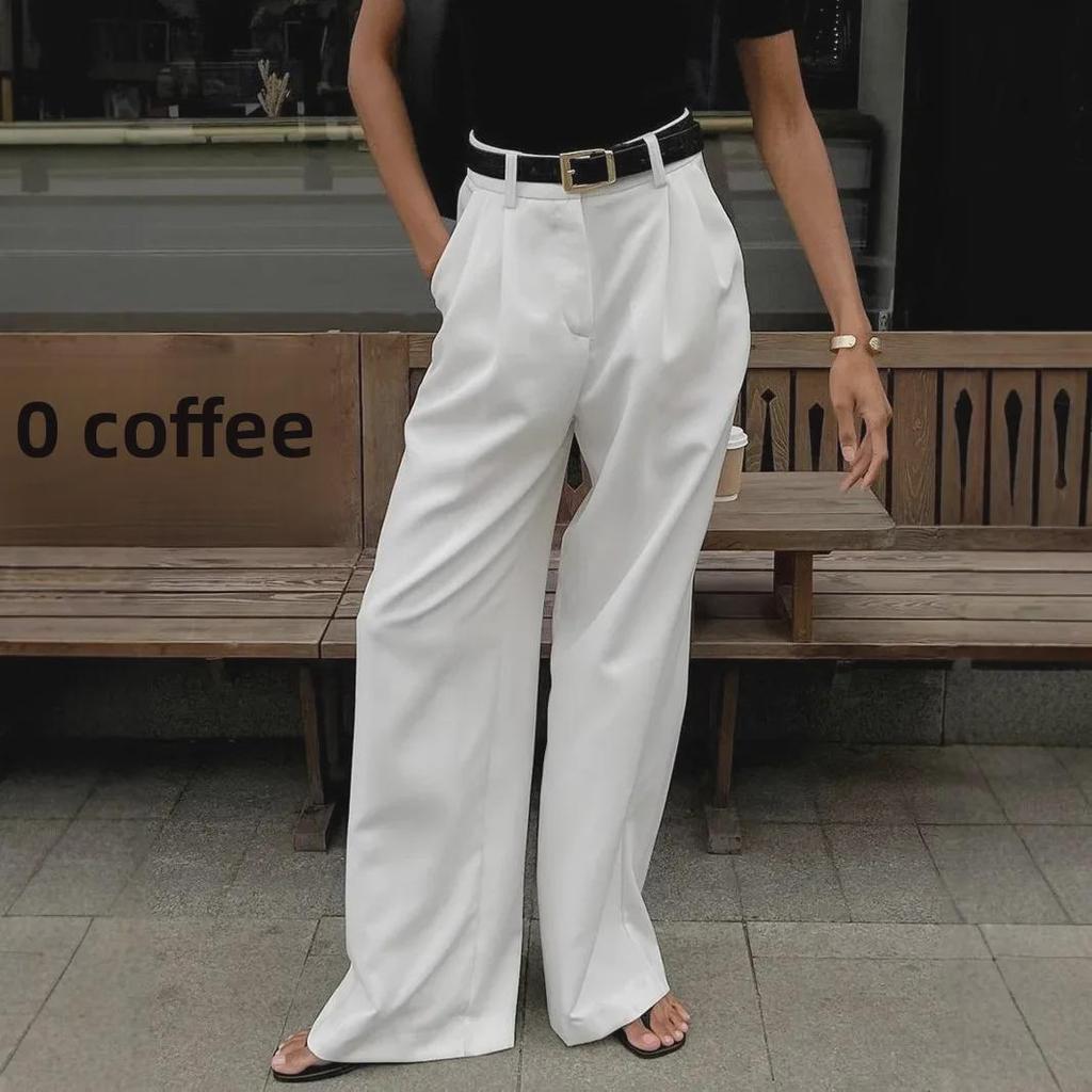 Women's High-Waisted White Commuter Pants: European & American Style, Versatile Casual, Loose Fit, Floor-Length Trousers.