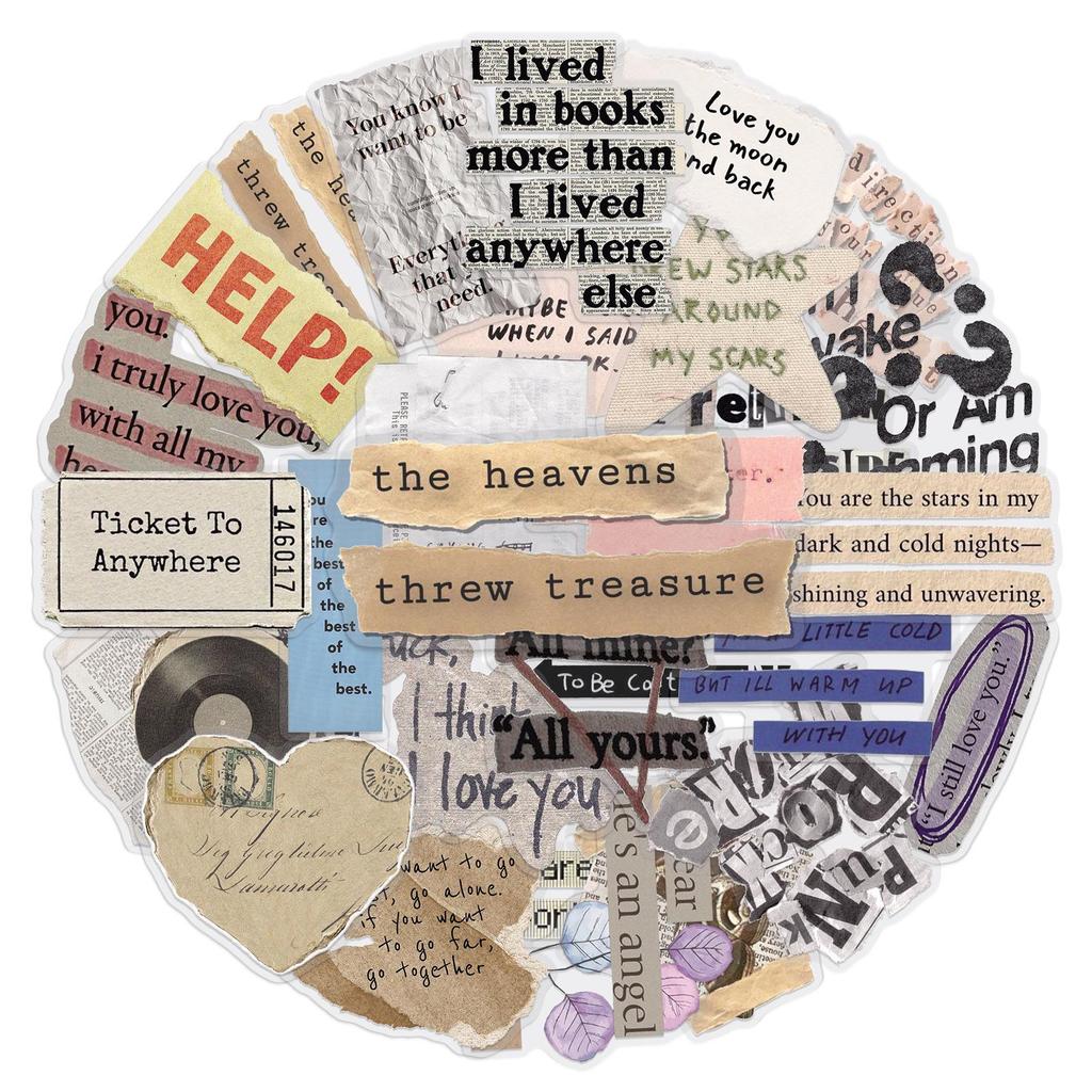 Transparent Retro English Text Stickers - 50 Sheets, Waterproof & Creative for Journals or Cups