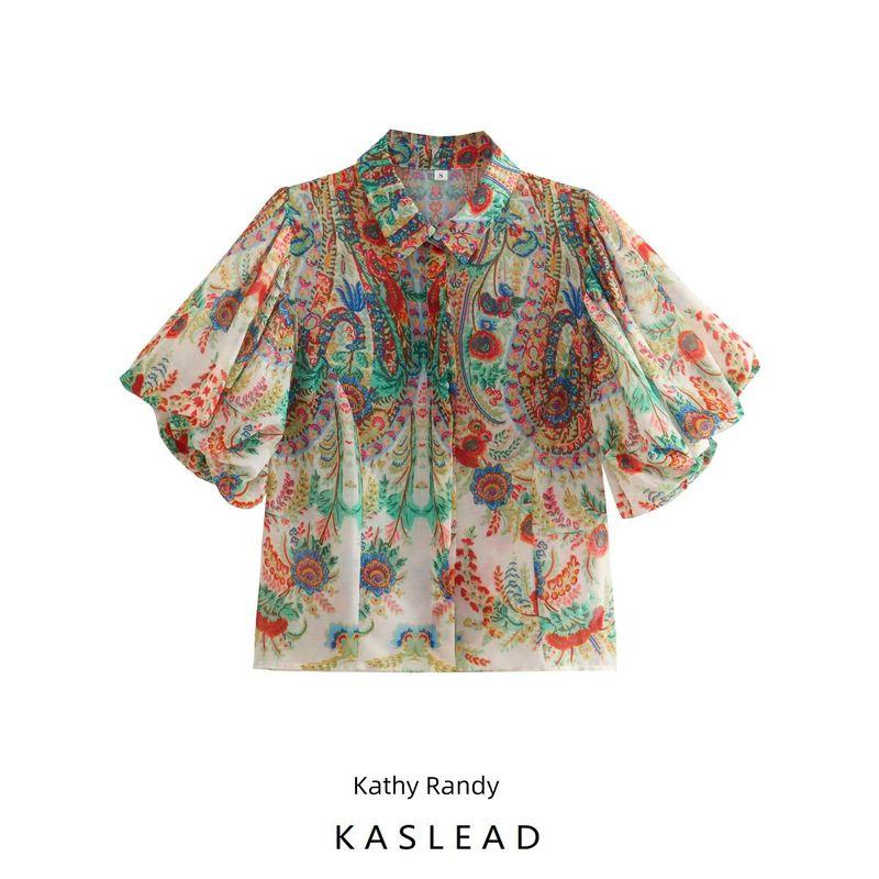 Kaslead Niche Style Print Chiffon Puff Sleeve Shirt