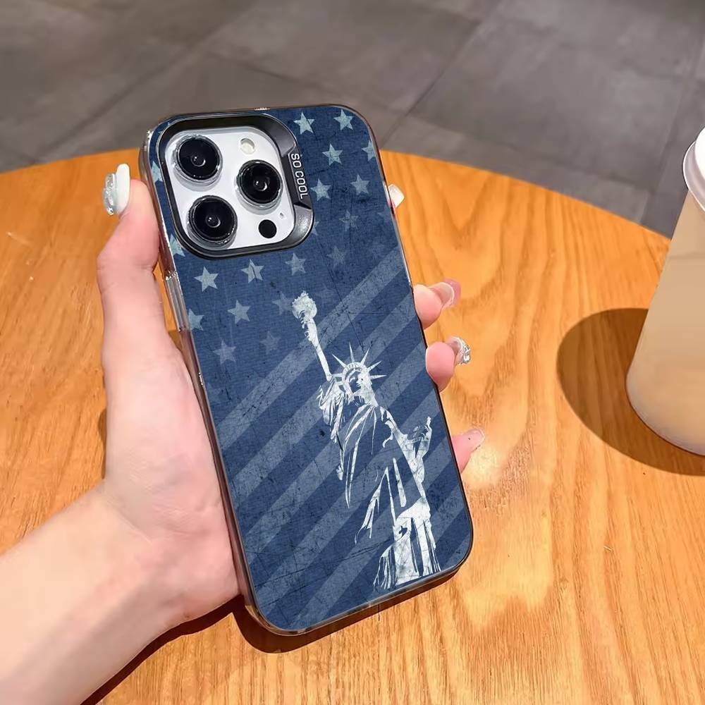 Statue L-Liberty America USA Flag Phone Case For iPhone17,16,15,14,13,12,11,Pro,MAX White Matte Shockproof Cover