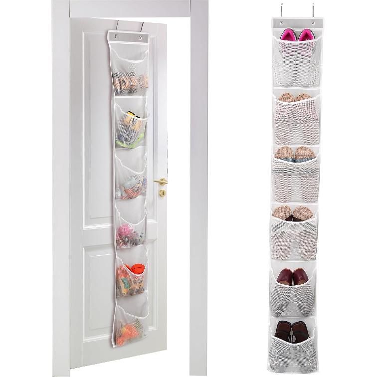 6 Large Breathable Mesh Pockets, Over The Door Shoe Organizer, Boots Hanging Storage Shoe Rack for Closet, Accessories - - Gray
