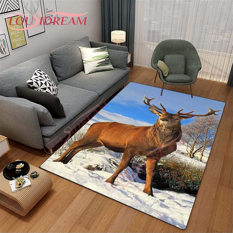 3D Cartoon Deer Rug Wildlife Mountain Landscape with Forest Carpet for Home Living Room Elk Carpet for Laundry Kids Play Carpets