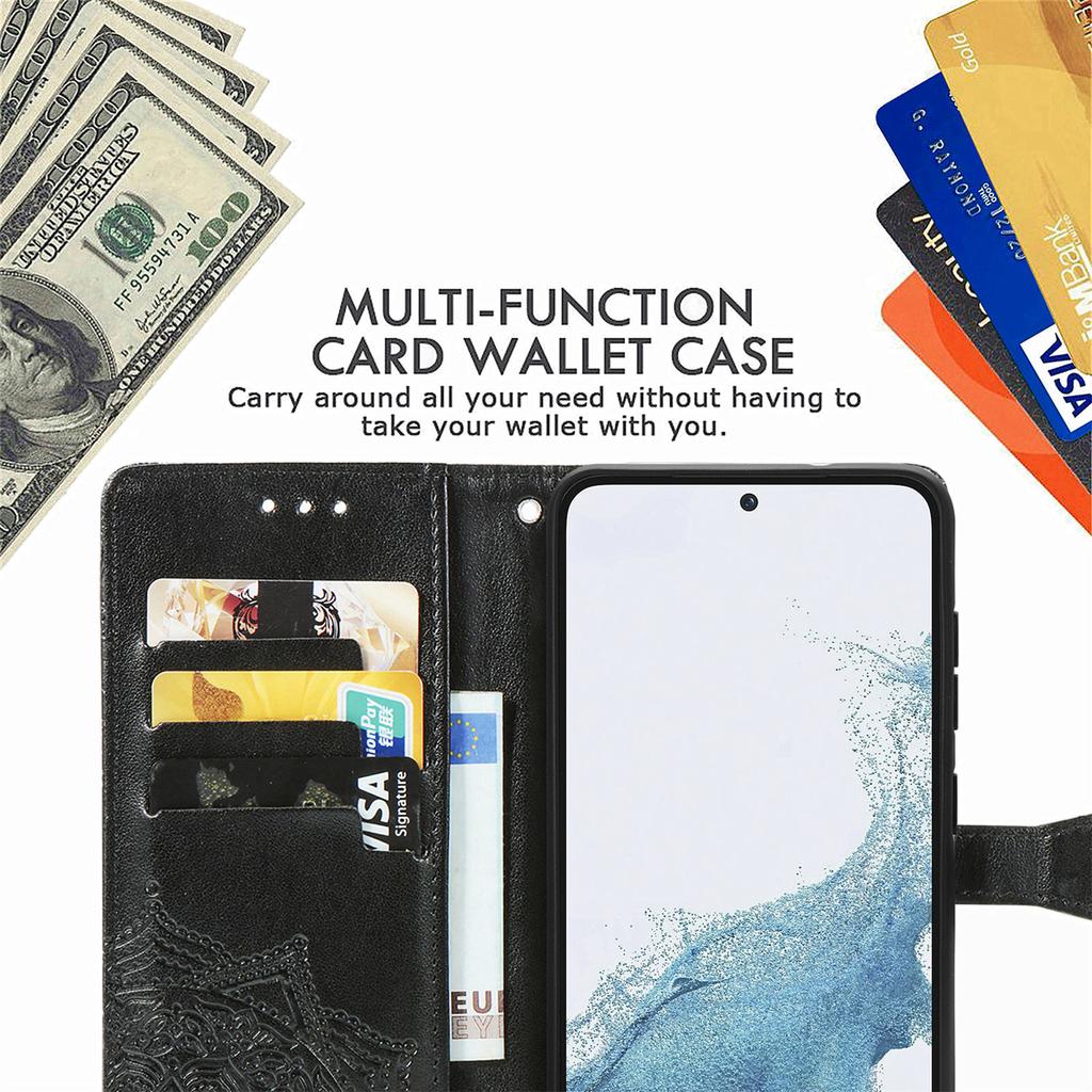 For Samsung Galaxy S23 Mandala Pattern Embossed PU Wallet Folio Case Stand Shockproof Protection Cover with Strap