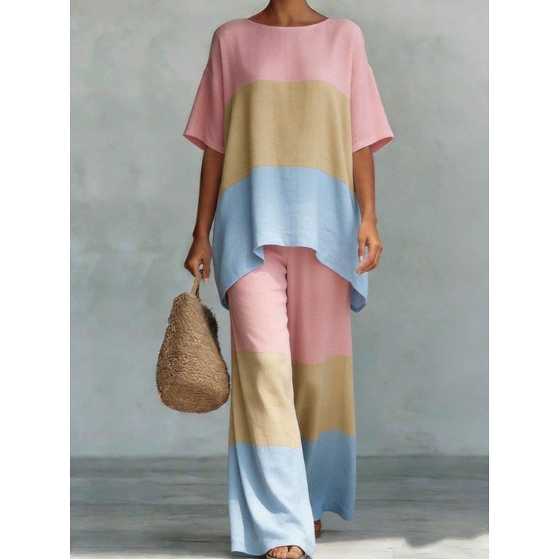 QICED Women s Fashion Casual Short Sleeve O-Neck Pants Suits S