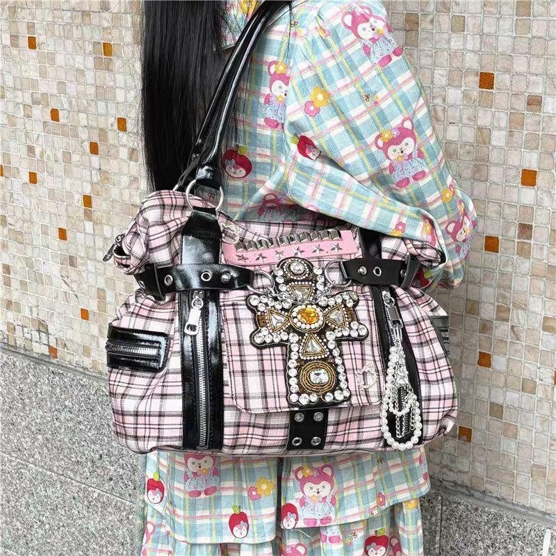 Borse da Donna Moda Y2k Nuova Originale Estetica Cartella a Quadri Tela Borsa a Spalla di Grande Capacità Carina Borsa a Shopper Ragazza Harajuku
