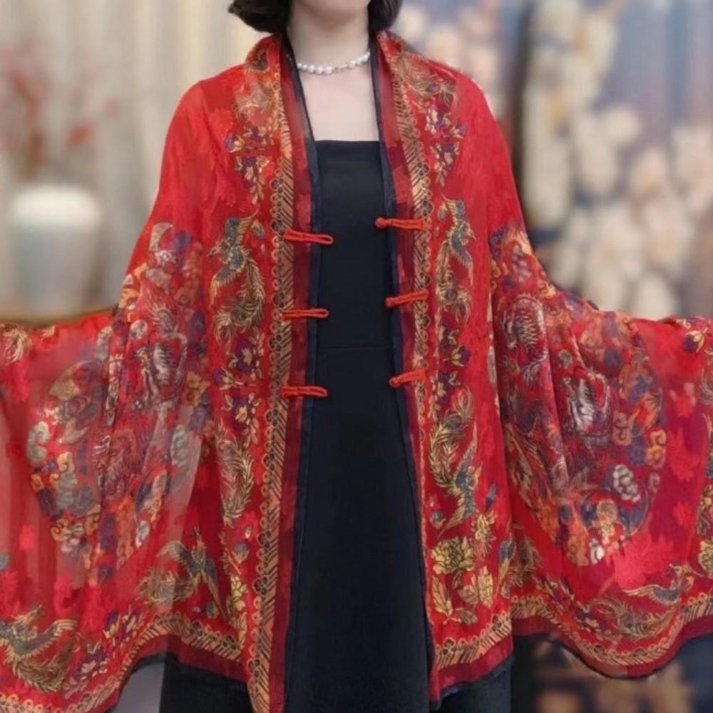 Retro Style Lady Silk Scarf Sunscreen Tudung Scarf Trendy Buckle Printed Shawl Summer