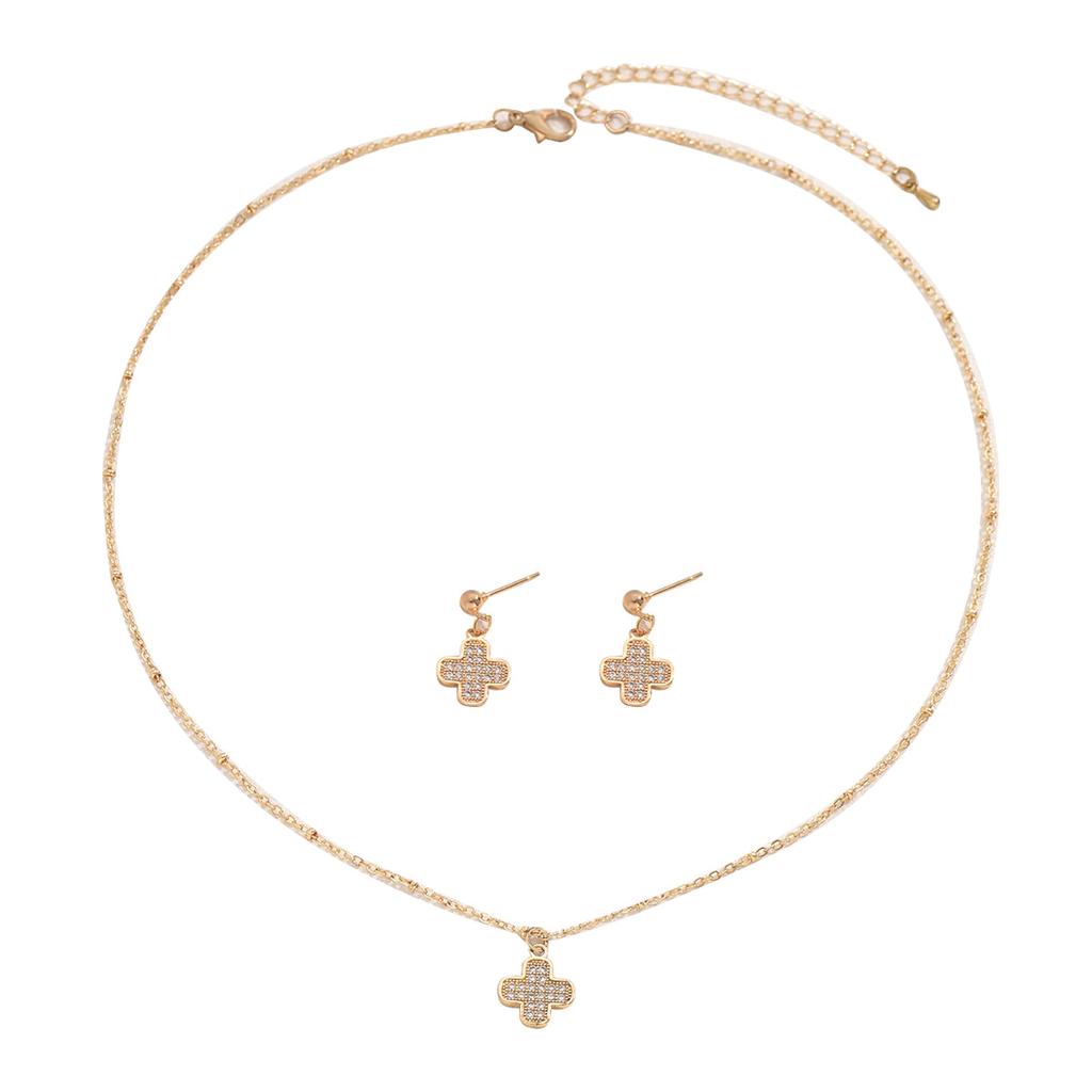 Stylish and simple women's inlaid zircon necklace earrings set personalized four-leaf clover design collarbone chain earrings