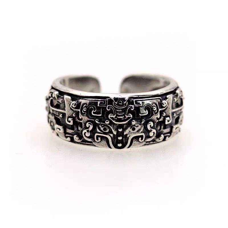 Adjustable Open Ring With Mythical Taotie Beast Design Vintage Plated Copper Unisex Statement Jewelry
