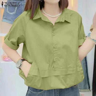 Women Casual Turn Down Collar Short Sleeve Summer Blouse