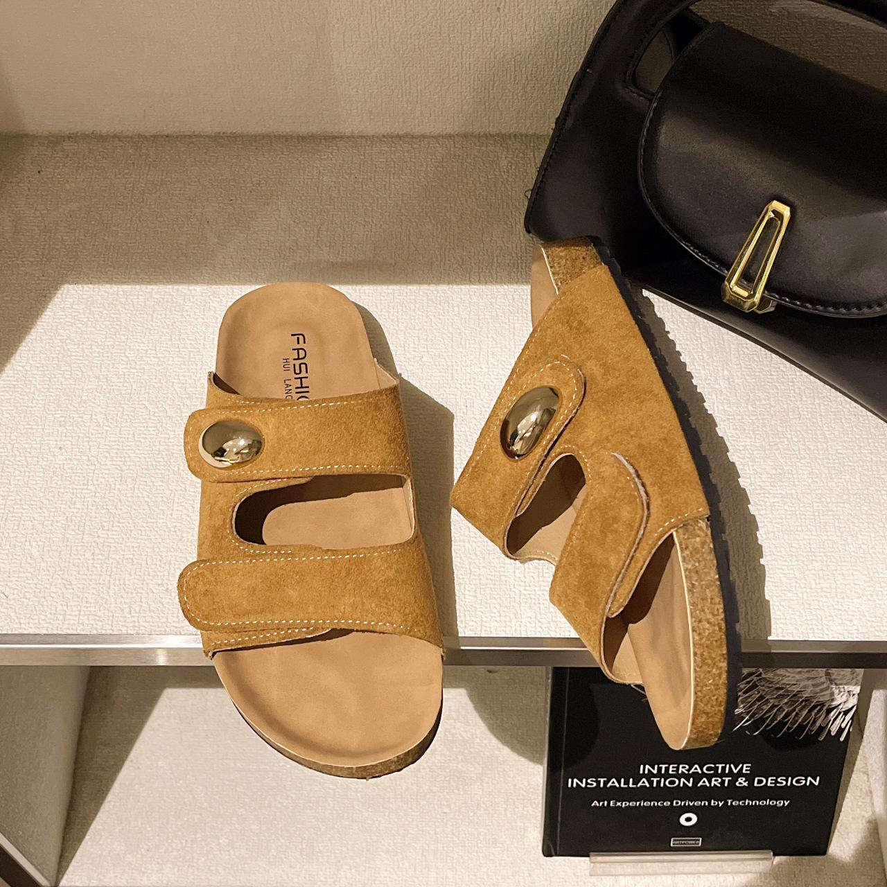 

Multi Color Women Casual Cork Slippers Couples Cozy Beach Slides Women Flats Girls Outdoor Walking Shoes Nubuck Leather Sandals 40 коричневий