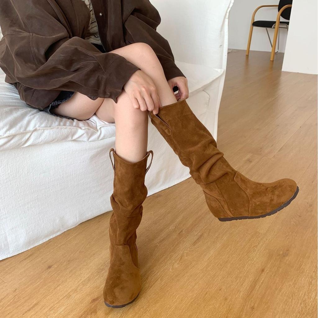 2025 New Sense Design Retro Versatile But Knee Boots Women's Inner Height Increase and Thin Pleated Knight Boots