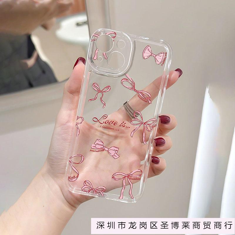 Pink bow iPhone15 mobile phone case 13Pro Apple 14 transparent TPU soft case 12 women's 11 new 16PM