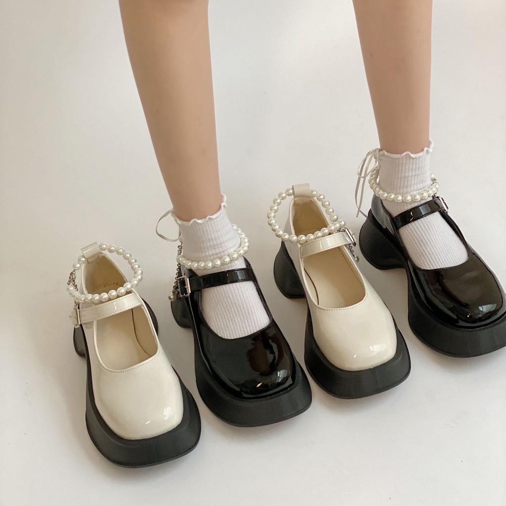 Square Toe Pearl Shoes Summer New Fashion All -Match Thick Bottom Heightened Small Pu Leather Shoes Mary Jane Women 'S Shoes