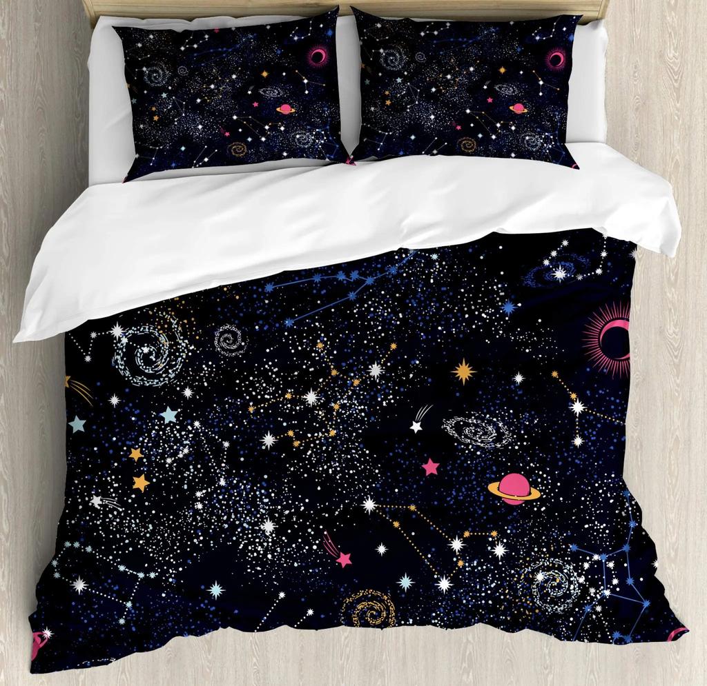 Star Single Double Twin Queen Bedding Set 2/3pcs Night Sky Polyester Bed Cover Kid Duvet Cover Set Dark Blue Galaxy Bedclothes