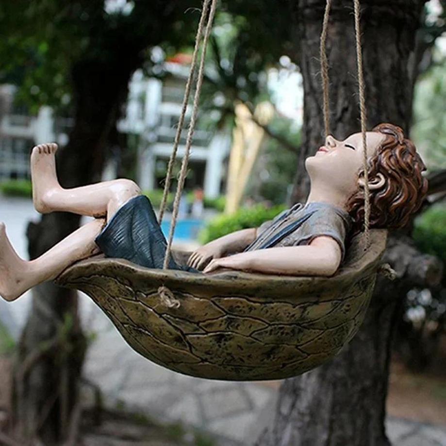 New Creative Forest Elf Walnut Cartoon Swing Boy Pendant Hand-painted Resin Pendant Garden Series Outdoor Creative Decoration