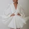 Frauen Langarm Einfarbig Mini-Länge Kleid V-ausschnitt Hohe Taille