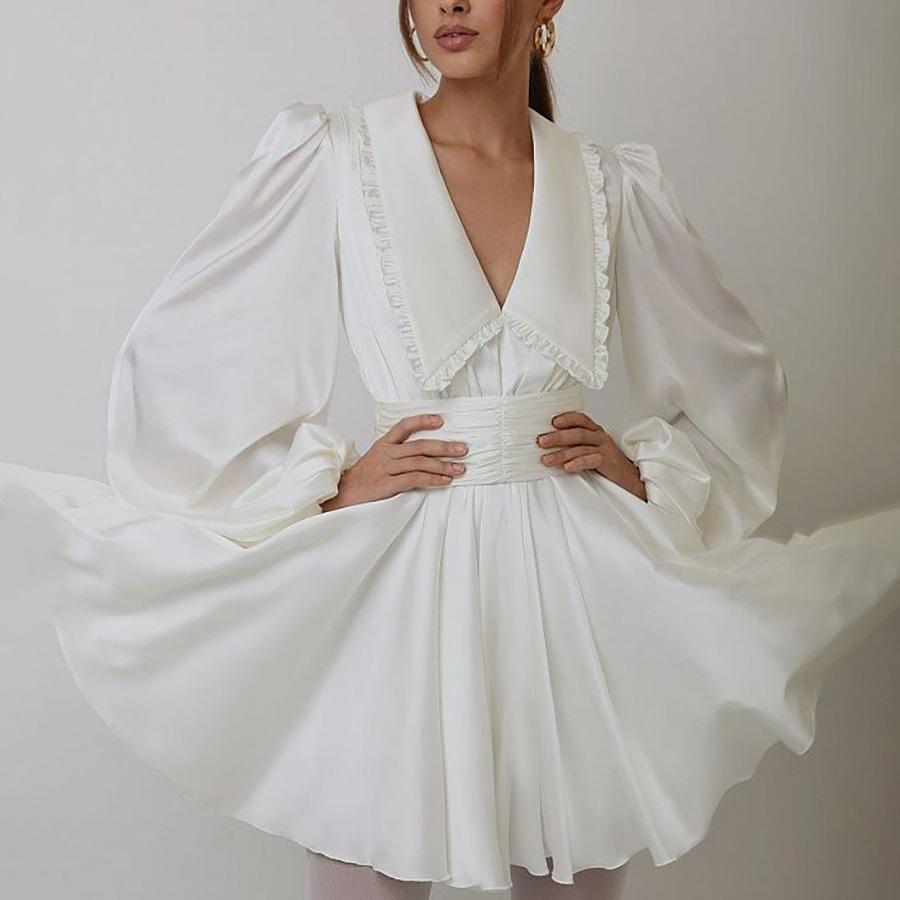Frauen Langarm Einfarbig Mini-Länge Kleid V-ausschnitt Hohe Taille
